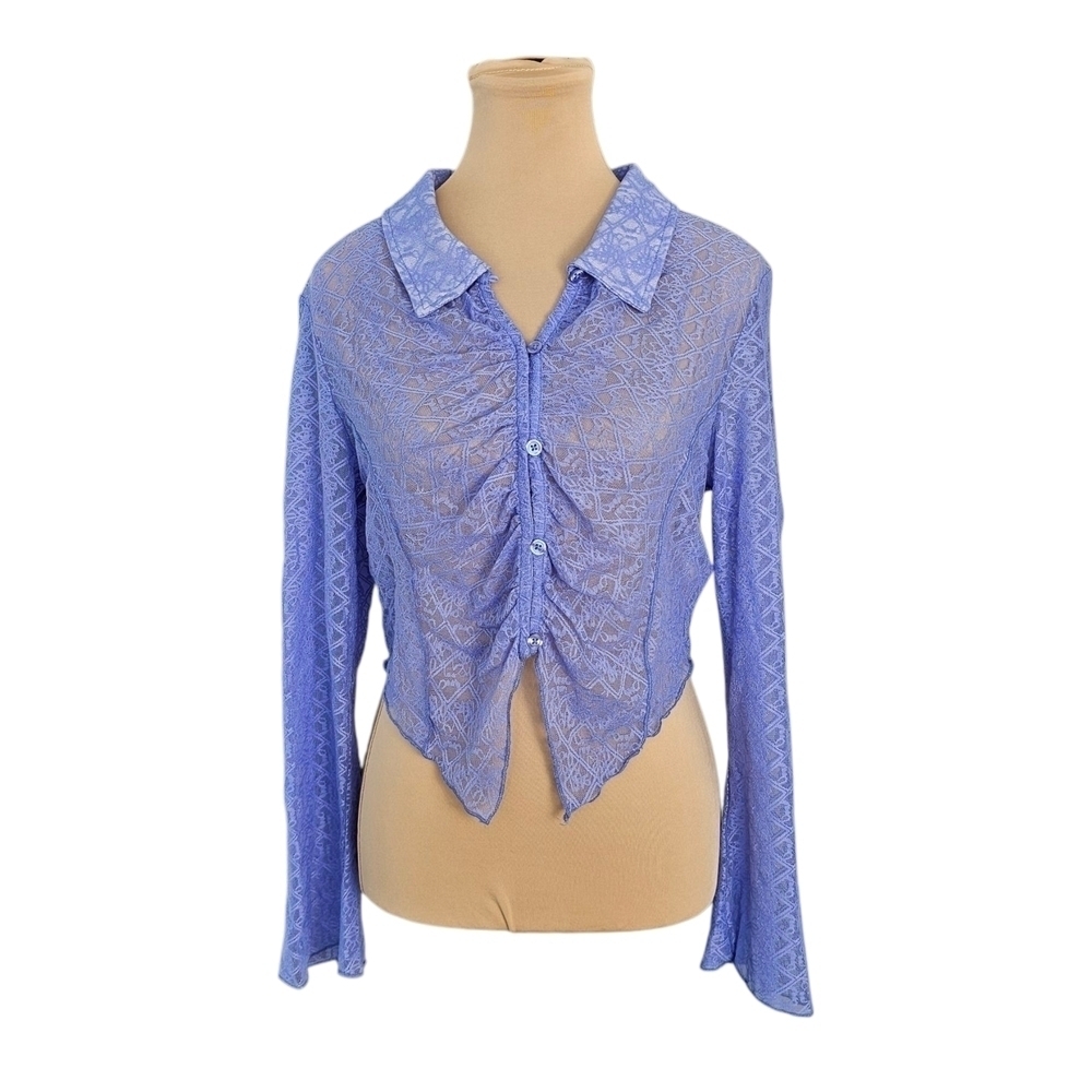 Neon & Nylon NWT Purple Blue Ruched Notched Collar Blouse Sz XL